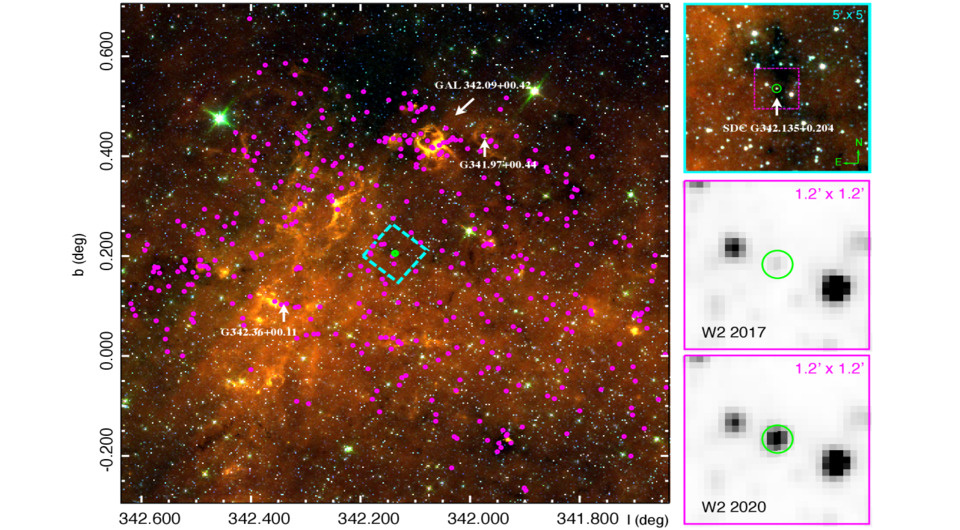 Инфракрасные изображения окрестностей VVV-WIT-13 по данным телескопов «Спитцер» и WISE
Zhen Guo et al. / arXiv, 2025