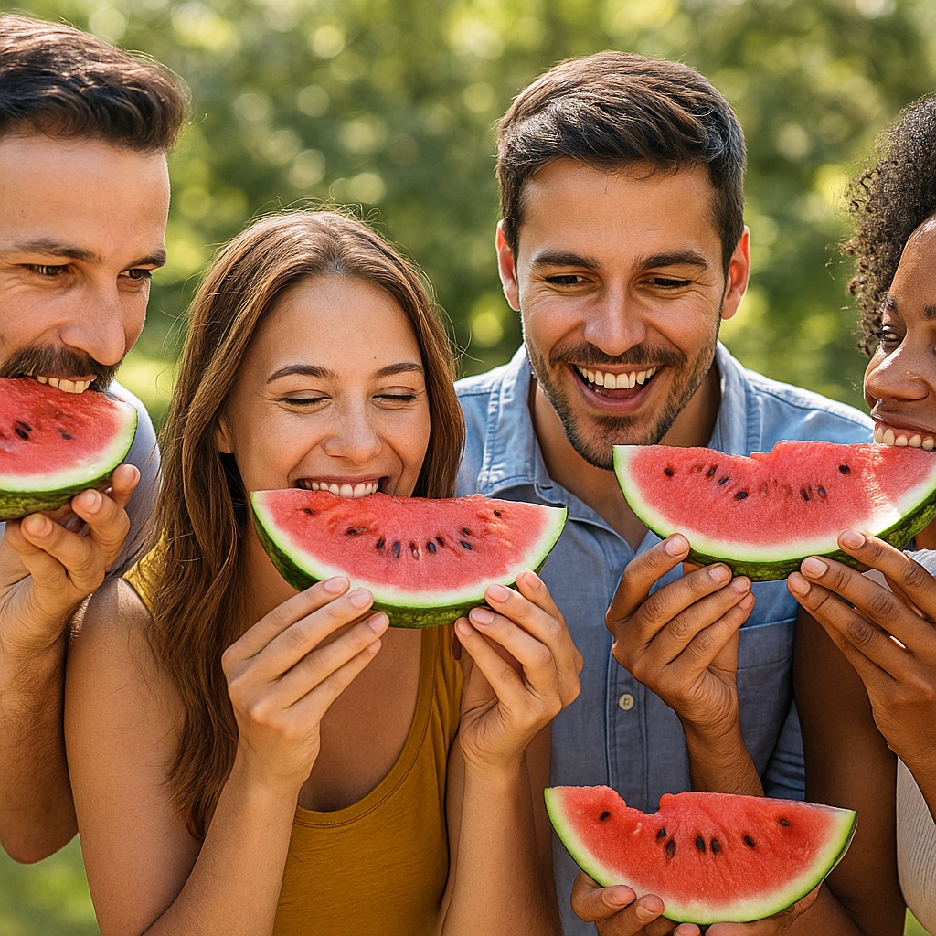 Четверо друзей с аппетитом едят сочные ломтики арбуза на летнем пикнике