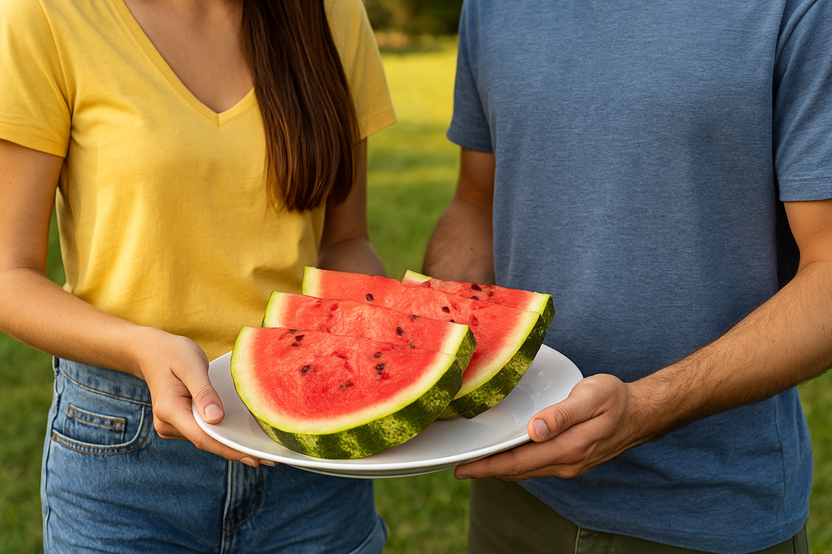 Девушка и парень держат поднос с нарезанными ломтиками арбуза на белой тарелке