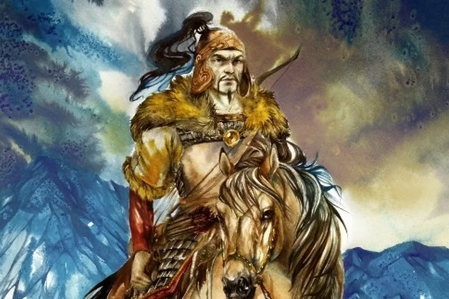 Портрет Аттилы Гунна, вождя гуннов, изображенного в традиционном воинском одеянии верхом на коне.