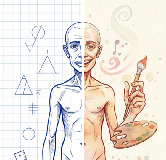 «Чертёжный человечек» настолько детально прорисован, что если бы наше тело было построено по его пропорциям, мы бы с трудом проходили в двери, зато были бы гениальными пианистами!