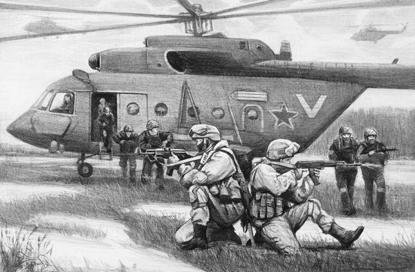 Смирнов Е. Гостомельский десант. 2022 г. Бумага, уголь.