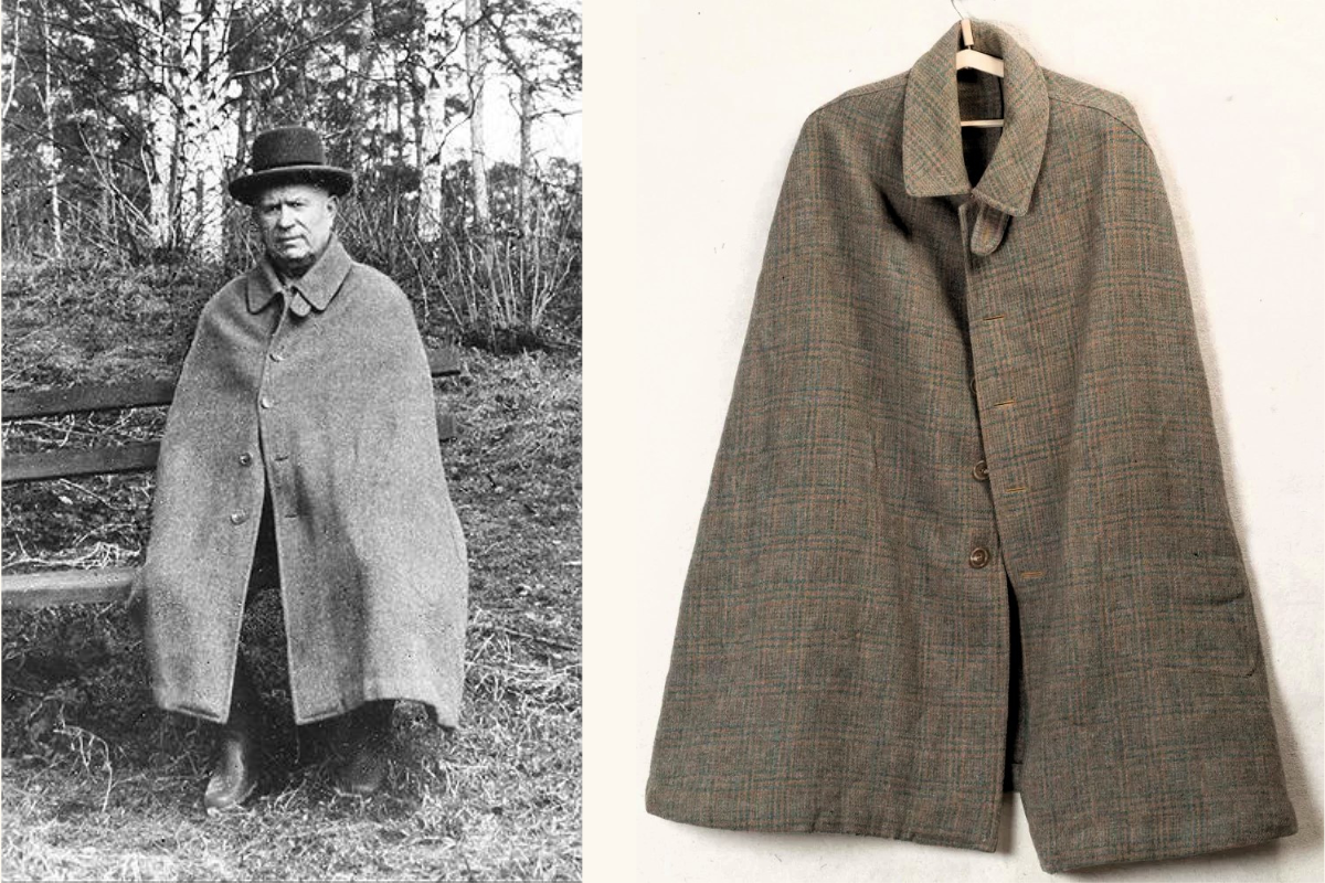Никита Хрущев на пенсии (слева), фото из архива журнала «Огонёк». Накидка Harris Tweed, принадлежавшая Н.С. Хрущеву, Великобритания, 1950-е гг., длина по центру спинки 104,5 см (справа) © Государственный исторический музей (ГИМ) 
