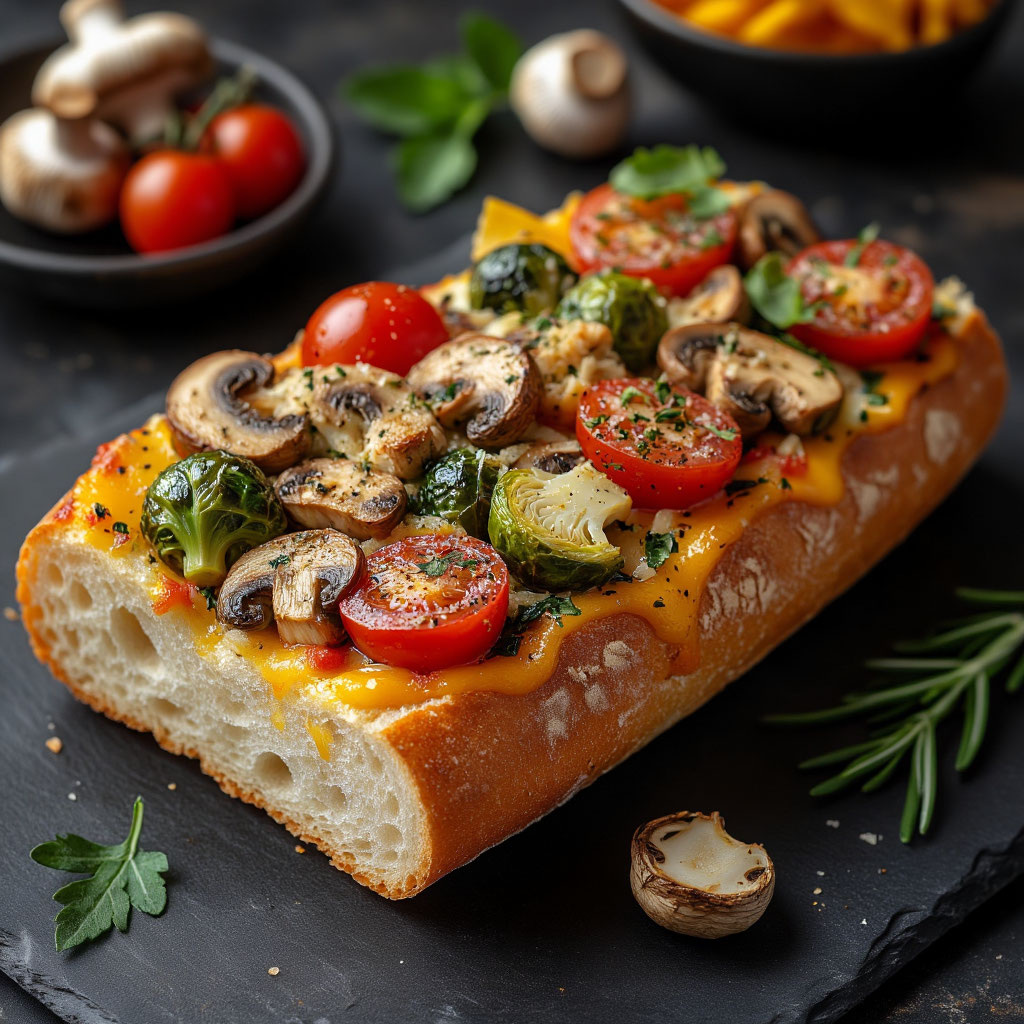 Аппетитный французский багет 🌭, разрезанный вдоль и наполненный разноцветной начинкой: курицей 🍗, шампиньонами 🍄, цветной и брюссельской капустой ☘️✨, помидорами черри 🍅 и тертым сыром 🧀. Завершается композиция слоем расплавленного сыра и специй.