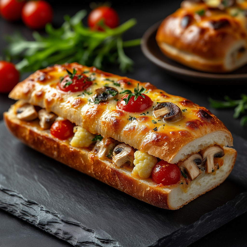 На картинке представлен аппетитный мини-багет 🌭, заполненный сочным миксом из куриной грудки 🍗, шампиньонов 🍄, цветной капусты 🌱 и сладких помидоров черри 🍅. Верхушка багета покрыта аппетитной румяной корочкой из расплавленного сыра 🧀, а внутренняя начинка привлекает своим ярким цветом и многослойностью.