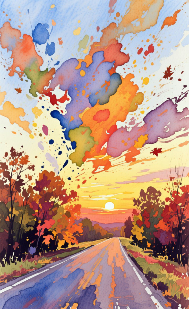 Осенняя дорога. Иллюстрация создана с помощью нейросети StableDiffusion и программы Photoshop.