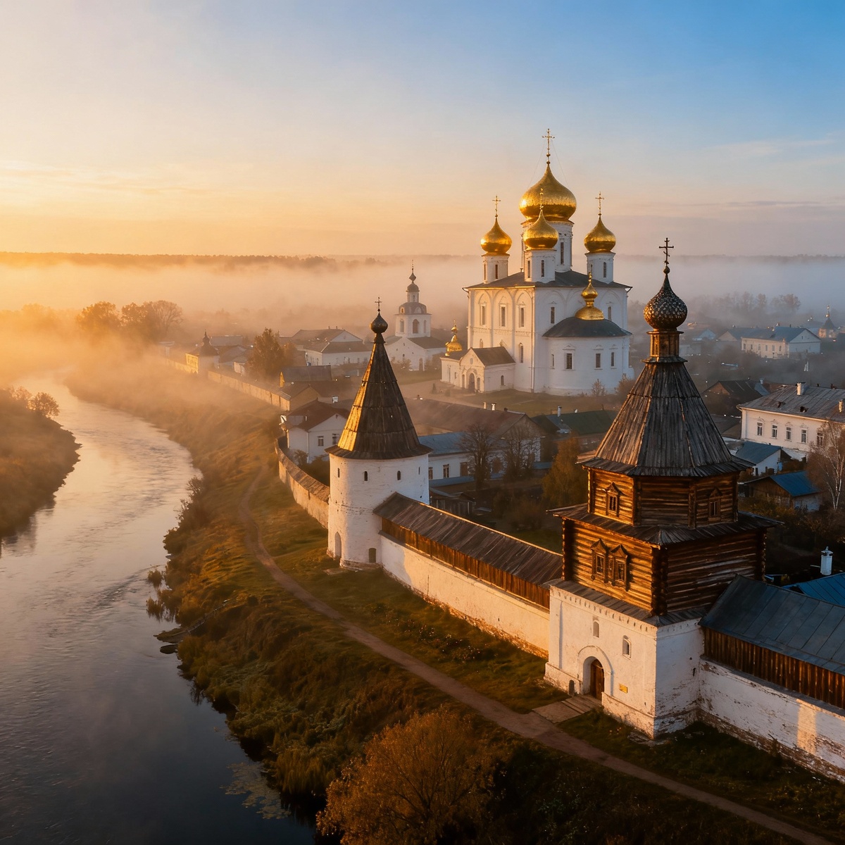 Суздаль на рассвете с золотыми куполами над рекой Каменка
