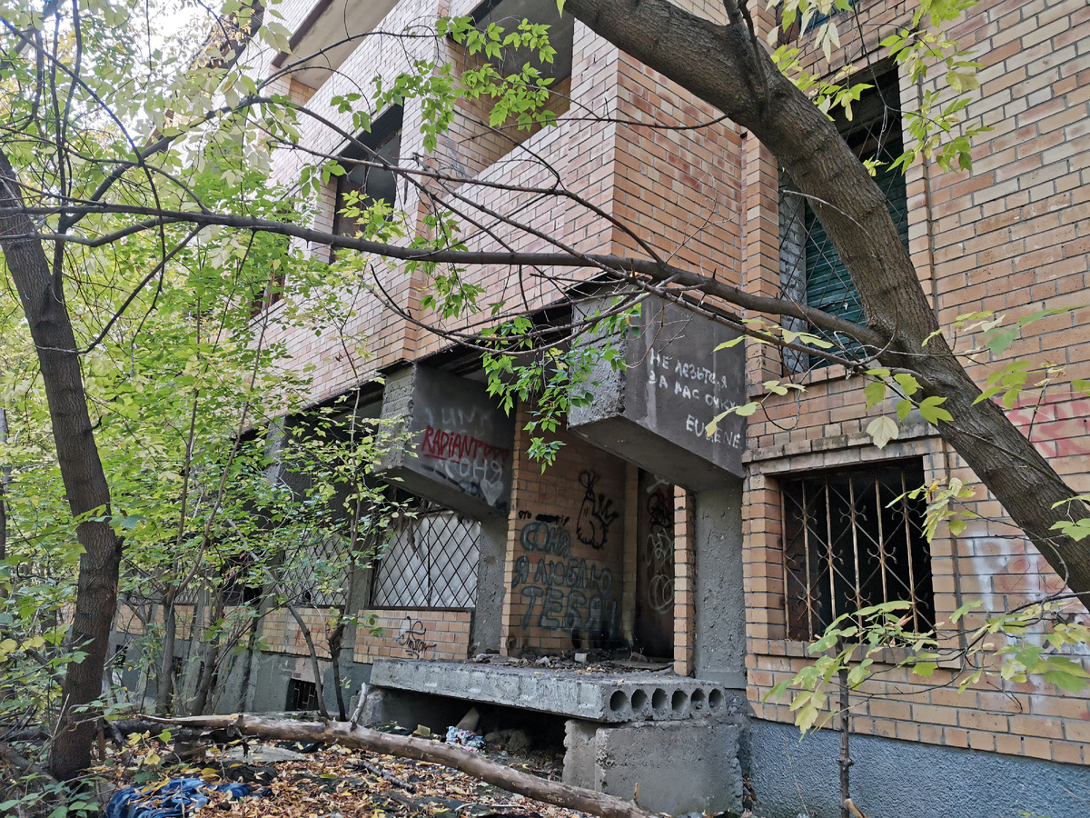 В заборе есть дыра. Попадаем на территорию. Мрачняк)))