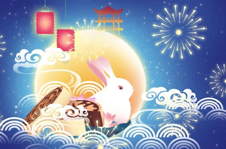 Элементы празднования Чжунцюцзе: луна, красные фонарики, пряники юэбины, салют и кролик. Изображение: josonlichaonan, 素材达人

