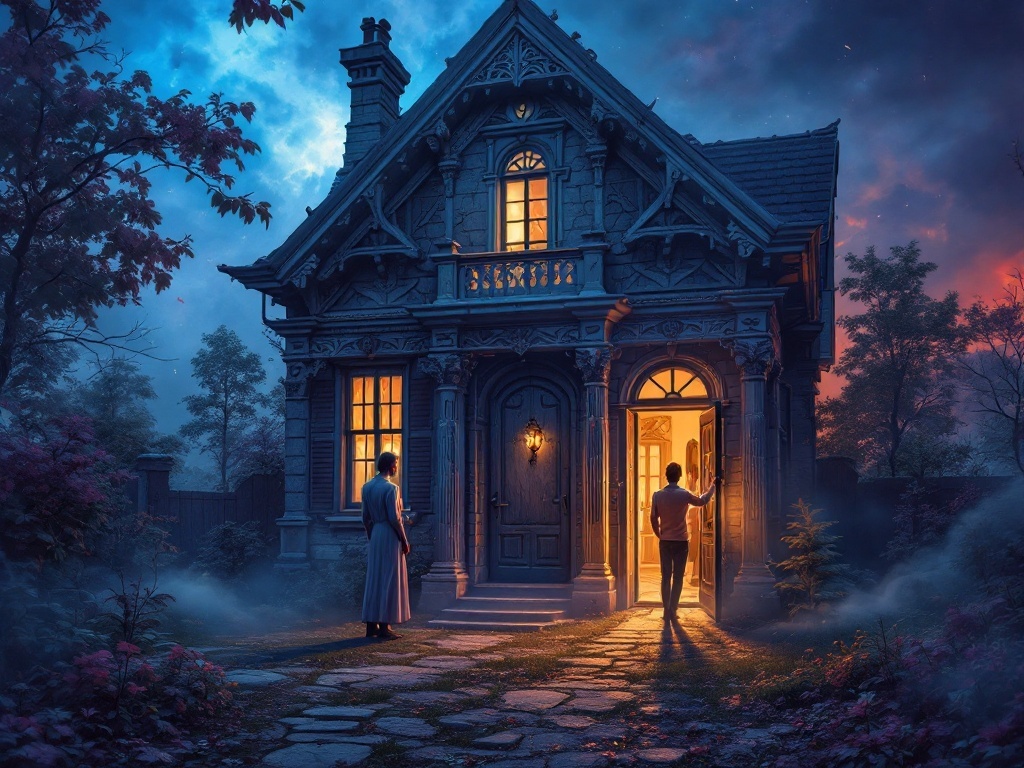    К чему такое снится: На картине изображен старинный дом с ярко выраженными архитектурными деталями. Художник заострил внимание на главной двери, где мужчина вешает новый замок. В дверном