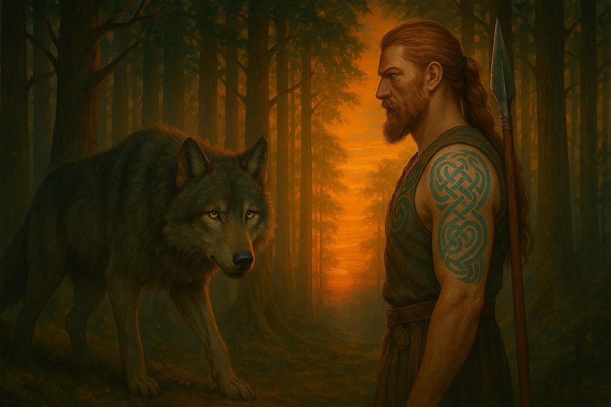 Закат в ирландских горах: воин с узорами на коже встречается с волком, в глазах которого светится разум. Атмосфера уважения и тайны.