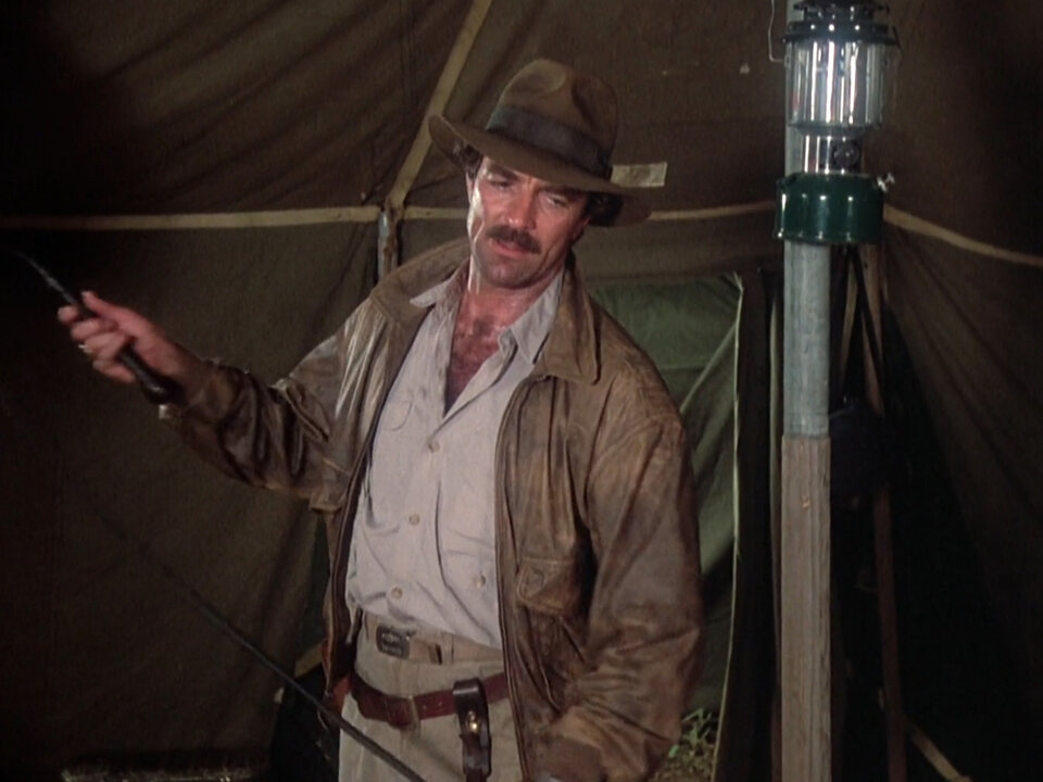 А вот и Том Селлек, пародирующий Индиану Джонса в одной из серий "Детектива Магнума". Он выглядит грустным и будто думает о чём-то...