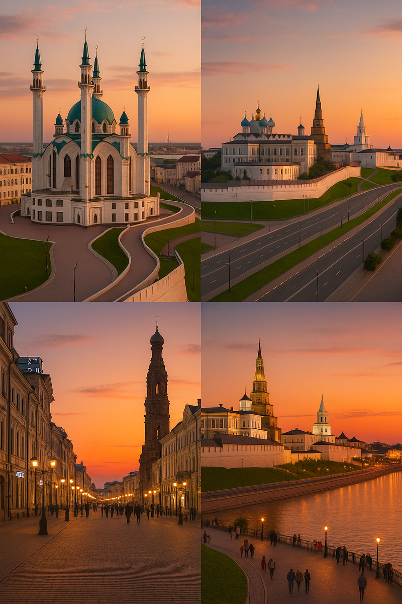 Казань на закате 🕌⛪ — гармония мечети Кул Шариф и старого Кремля.