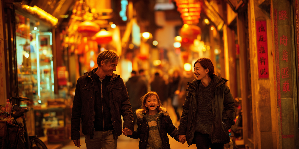 «Счастливая семья гуляет вечером по оживлённой улице с китайскими фонарями, улыбаясь и держась за руки — символ баланса, радости и здорового образа жизни, о котором говорится в статье о мифах и правде кето-диеты»