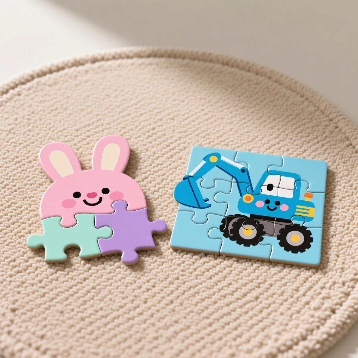 Зайка милый, но есть ощущение "неоконченности" - такие пазлы огорчат аутиста. А вот экскаватор неплох!