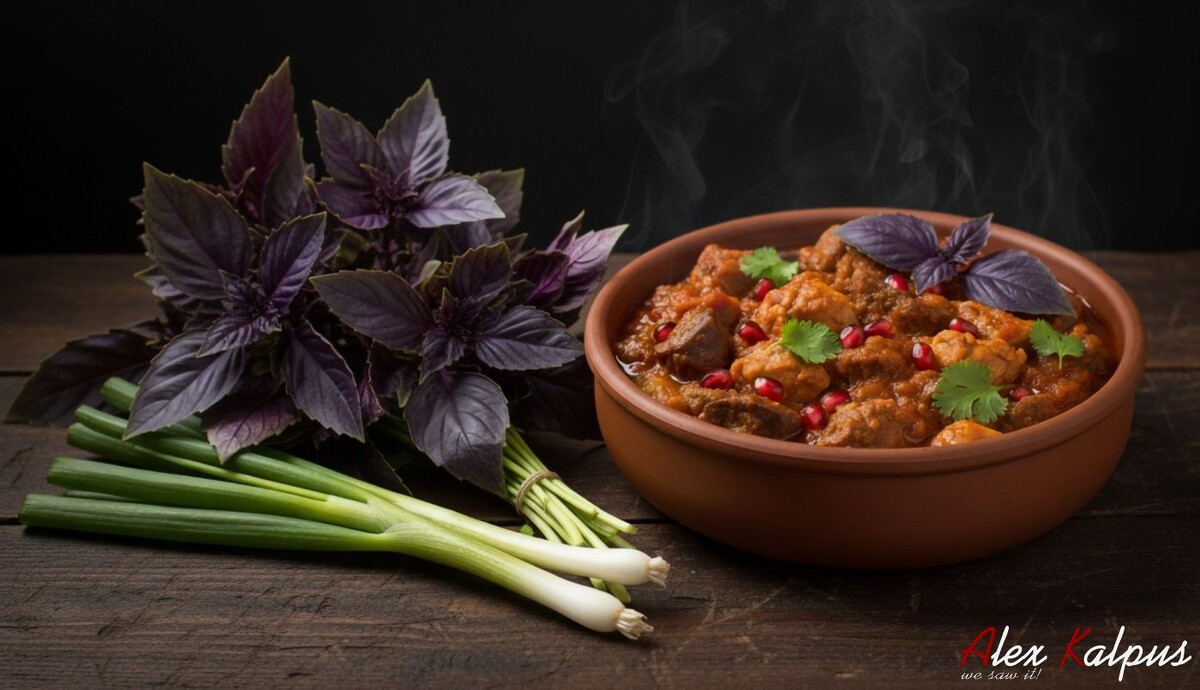 Грузинское блюдо Чахракули с помидорами и грецкими орехами и с курицей