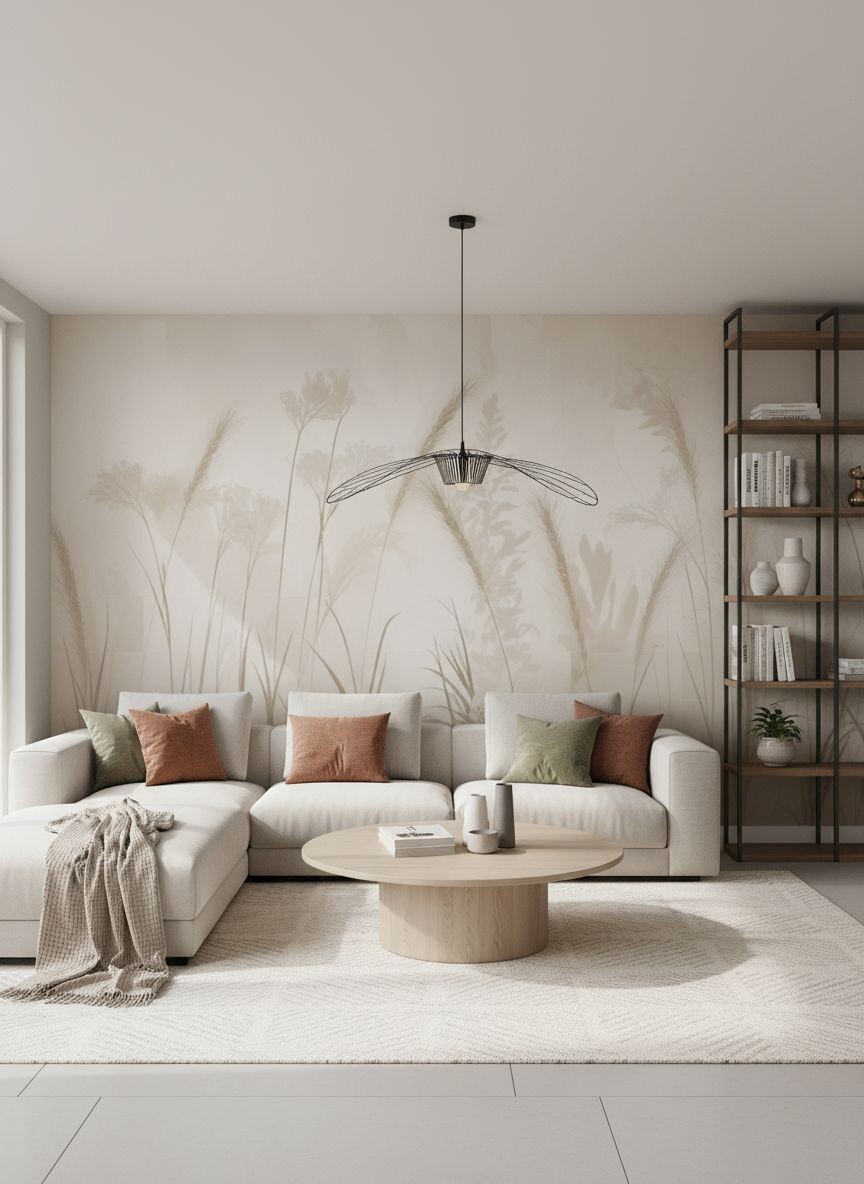 Пример интерьера в бежевой гамме с отделкой стен флизелиновыми фотообоями VEROL. Артикул на WB: 454592428.