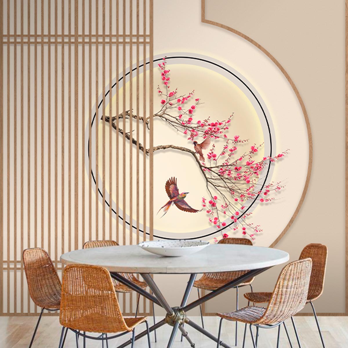 Пример интерьера в бежевой гамме с акцентной отделкой стены флизелиновыми фотообоями VEROL. Артикул на WB: 147391716.