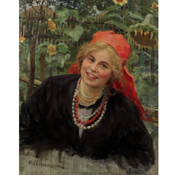 Федот Сычков. Крестьянская девушка в красном платке на фоне пейзажа, 1923. Холст, масло. 67.3 х 53.3. Частное собрание