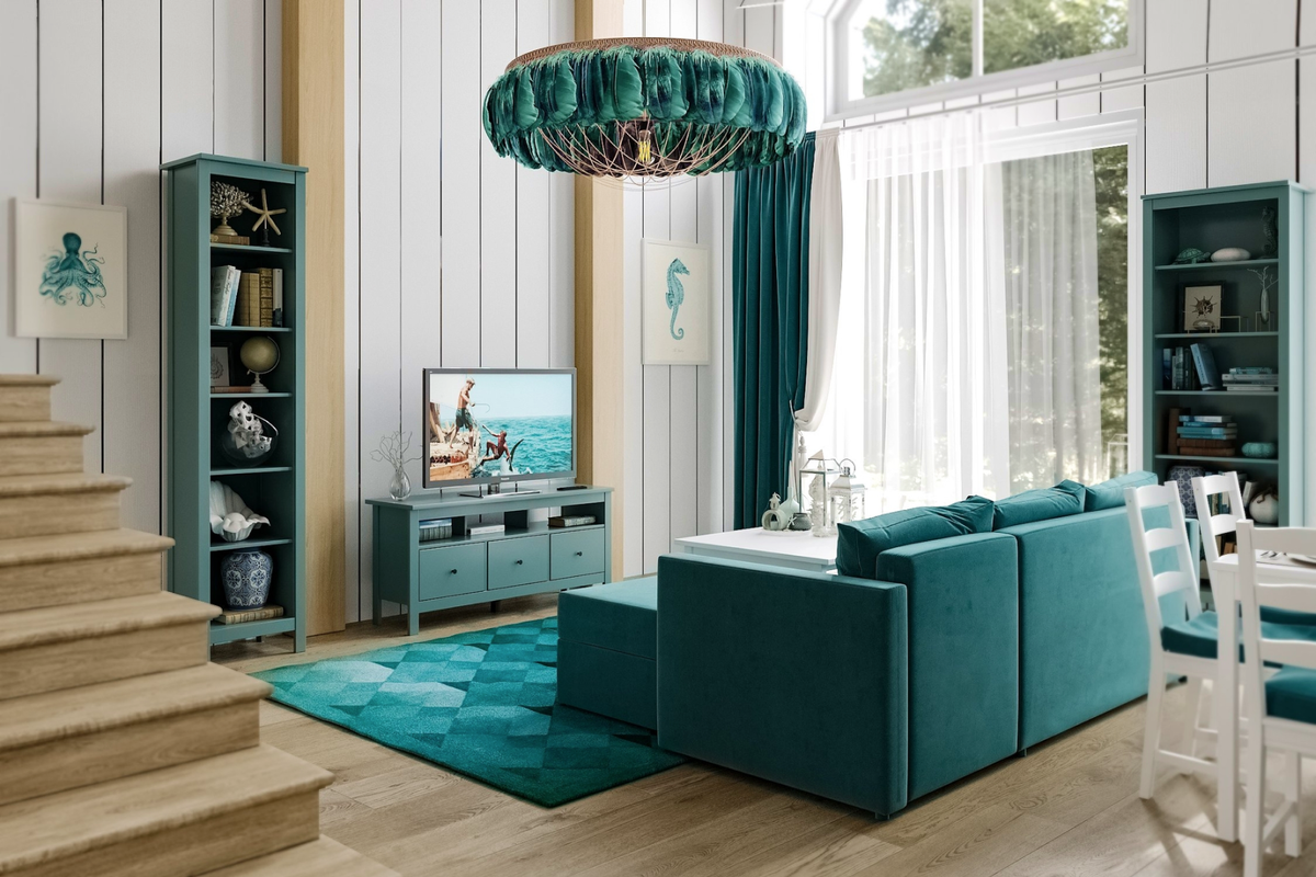 Стеллаж и тумба для телевизора в темно-бирюзовом оттенке — яркое и нетипичное решение.