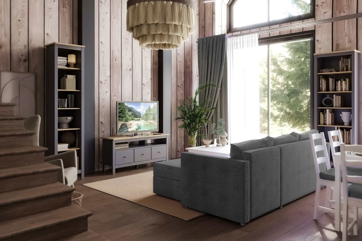 Гостиная «Сага» в сером цвете с деревянными вставками, несмотря на темный оттенок, выглядит совсем не мрачно.