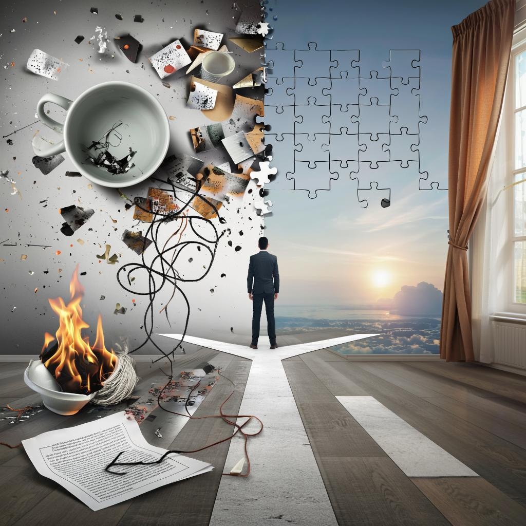 «Этот коллаж — точная визуализация того, что происходит у нас в голове, когда мы слышим слова «психолог» или «коучинг». Хаос из обрывков мыслей, усталости и сопротивления... и едва заметный, но такой желанный лучик ясности. Что мешает нам сделать шаг из левой части картинки в правую? Ответ — в статье».