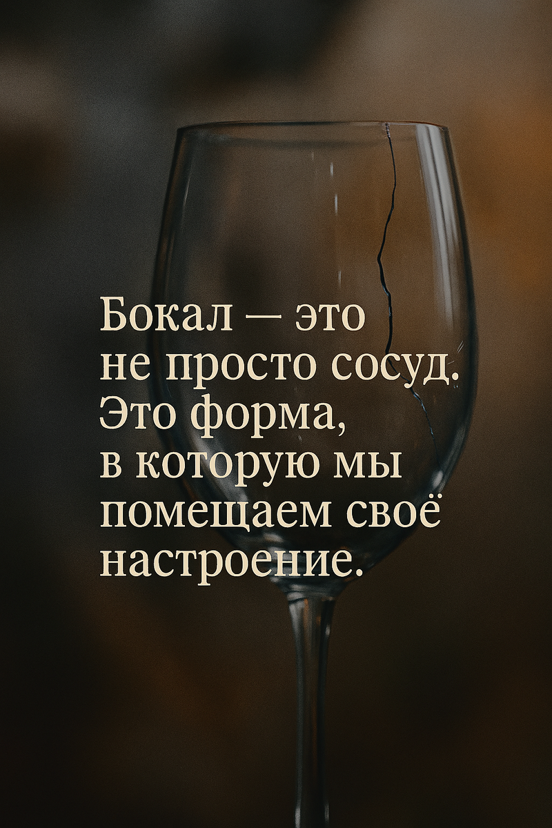 «Бокал — это не просто сосуд. Это форма, в которую мы помещаем своё настроение. Даже трещина в стекле может стать отражением нашей уязвимости и честности.»