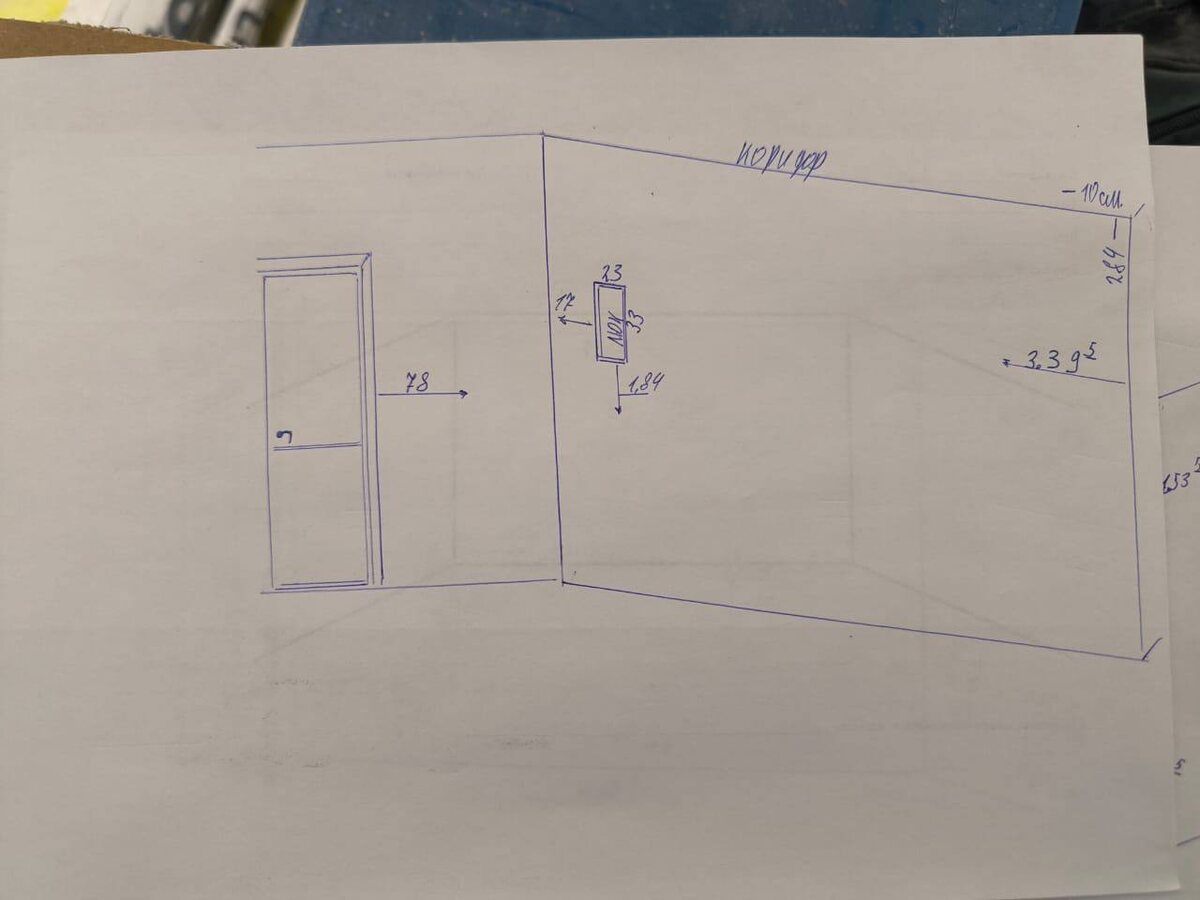 Замеры прихожей и гардеробной (сделаем одним проектом). На рисунке отобразили “сложность” стены: счетчик, который нужно было гармонично интегрировать в мебель
