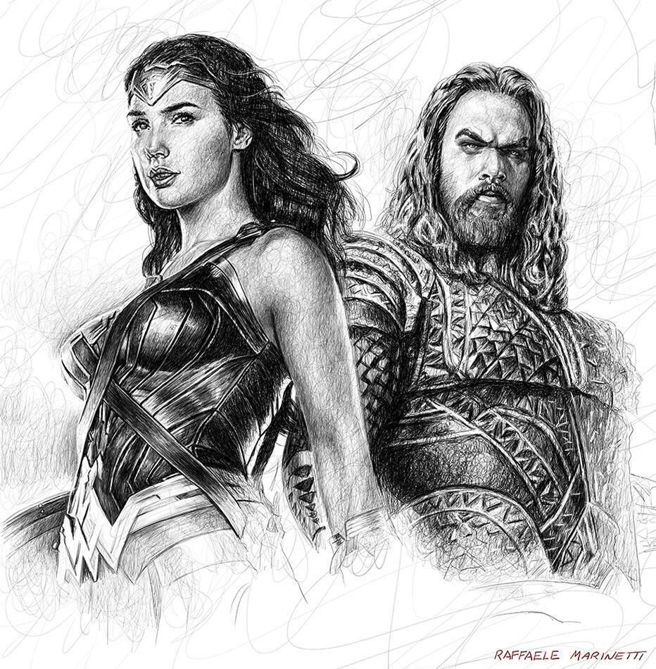 ИЛЛЮСТРАЦИЯ ОТ ХУДОЖНИКА РАФФАЭЛЯ МАРИНЕТТИ / Raffaele Marinetti / Эскиз портрета Чудо-женщины и Аквамена из фильма "Лига справедливости"