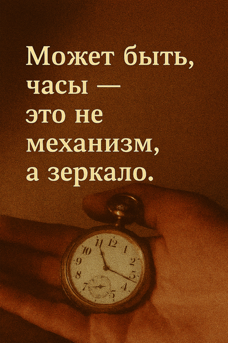 «Старые карманные часы лежат на ладони, словно память, которую можно держать. Их стрелки остановились, но отражают не время, а момент — тот, в котором мы смотрим на них и встречаемся с собой.»