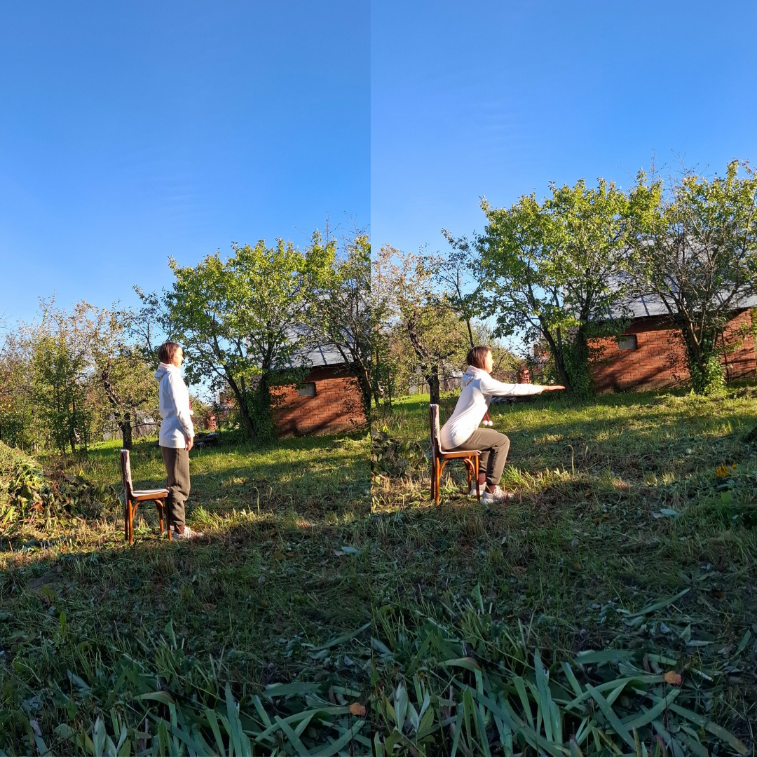 Самый простой вид приседаний. На стул. В исходном положении стул должен быть на уровне с коленями, вплотную встаём к стул. На вдохе садимся вниз - таз смотрит назад; на выдохе встаём