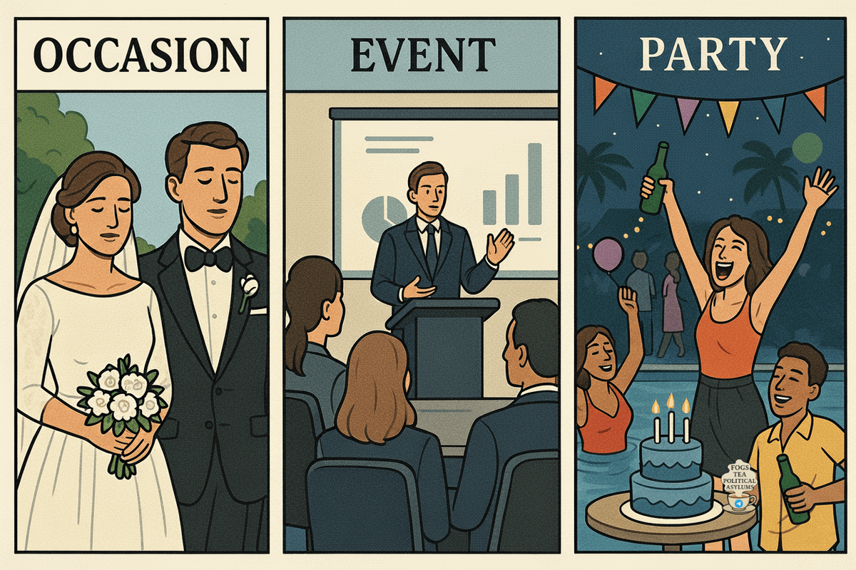 Разница между occasion, event и party