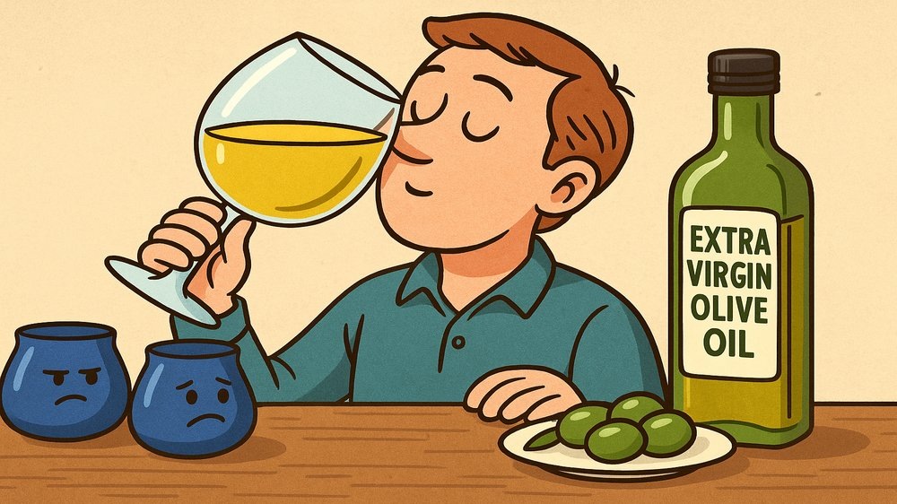 Каррикатура- "официальные" фужеры для дегустирования оливкового масла завидуют любителю который просто наслаждается вкусом использую простой винный бокал.