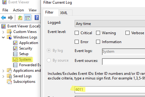 Включите фильтр журнала событий по Event ID 6011