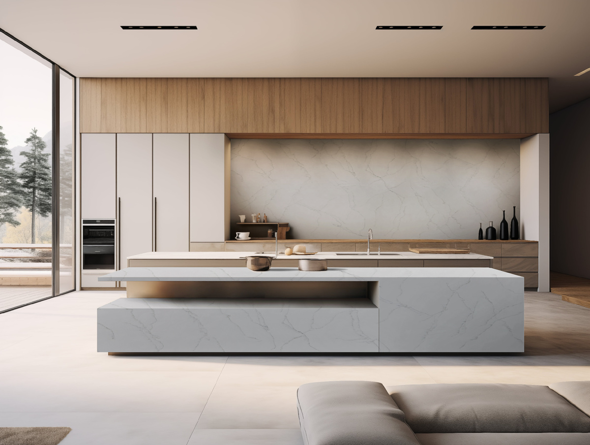 Стеновая панель и кухонный остров: Staron Supreme, декор Legato VL322 