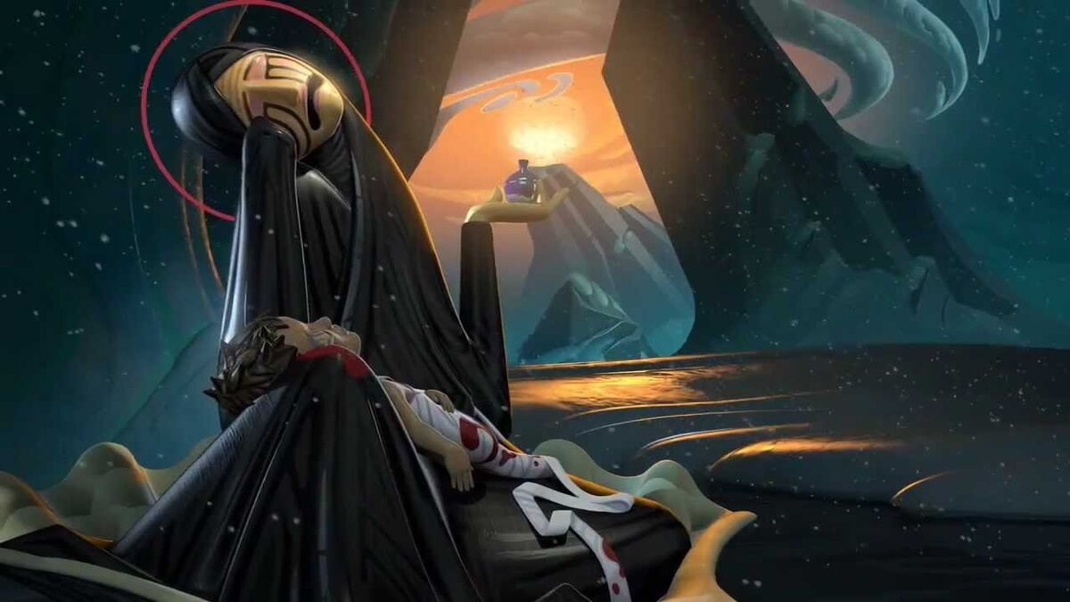 I, pet goat II. Ядерный взрыв на заднем плане, глубокие раны на теле справа. Нимб у матери.