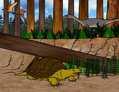 Протерохерсис прячется от динозавра в пересохшем водоёме.