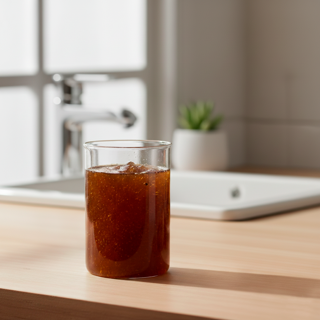 Мои первые попытки создать натуральный шампунь в 2017-м. Еще в лабораторном стакане, без красивой упаковки, но с большой надеждой.