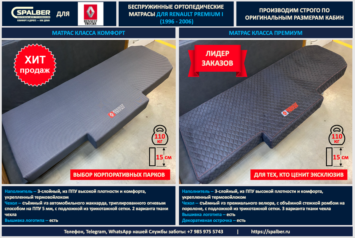 Линейка матрасов СПАЛБЕР Комфорт, Премиум для RENAULT PREMIUM 1 поколения (1996 - 2006). Фото СПАЛБЕР.