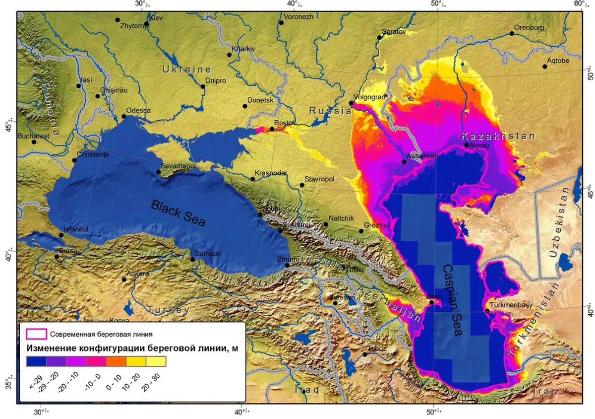 Хвалынское (Каспийское) море и пролив в сторону Азова. Фото: Александр Гельфан. Границы государств даны по состоянию до 2022 года.
