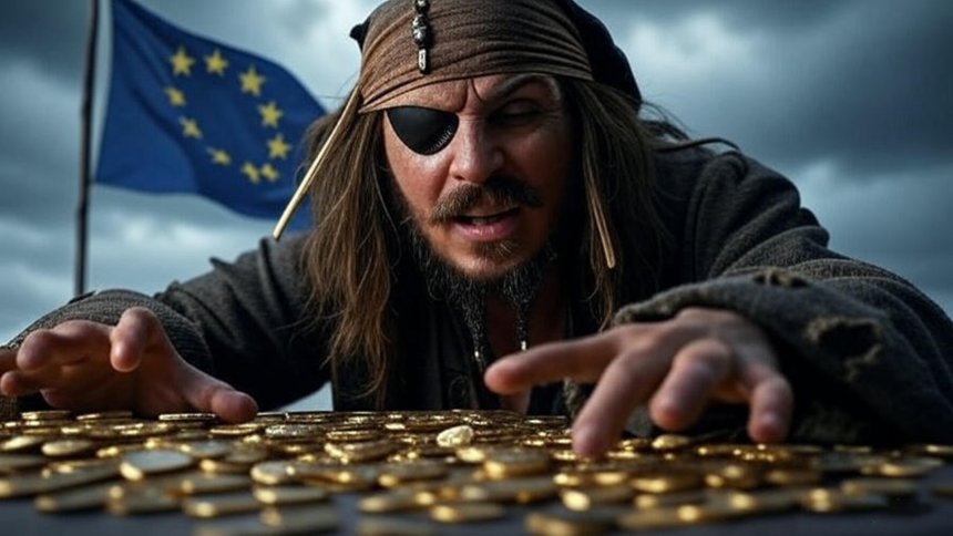 Пират тянется за золотом на фоне флага ЕС (абстракция) сгенерировано ИИ