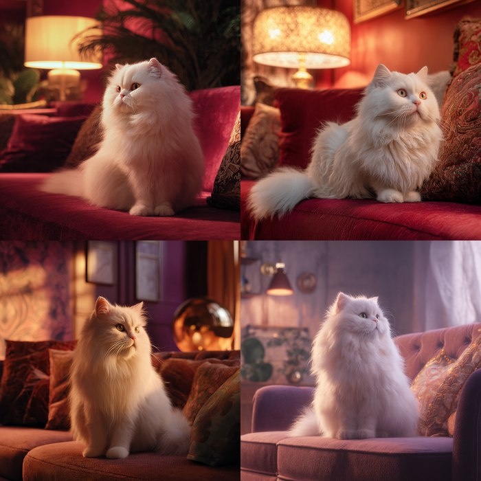 Пушистый белый кот на бархатном диване в уютной гостиной