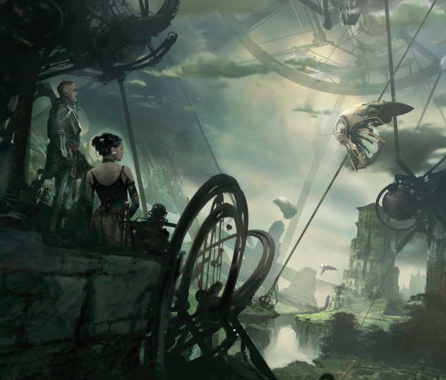 Изображение к обложке книги от Tor, куда вошли первый и второй романы цикла «Вирга». Художник Stephan Martiniere.