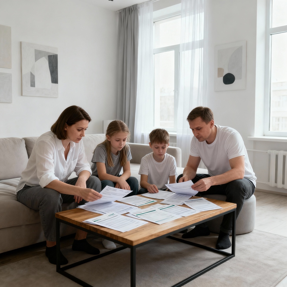 Российская семья изучает банковские документы