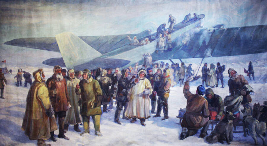 Первый прилёт лётчика Ляпидевского в лагерь Шмидта (Челюскинцы) А. Т. Сашин Источник: museum-catalog.ru