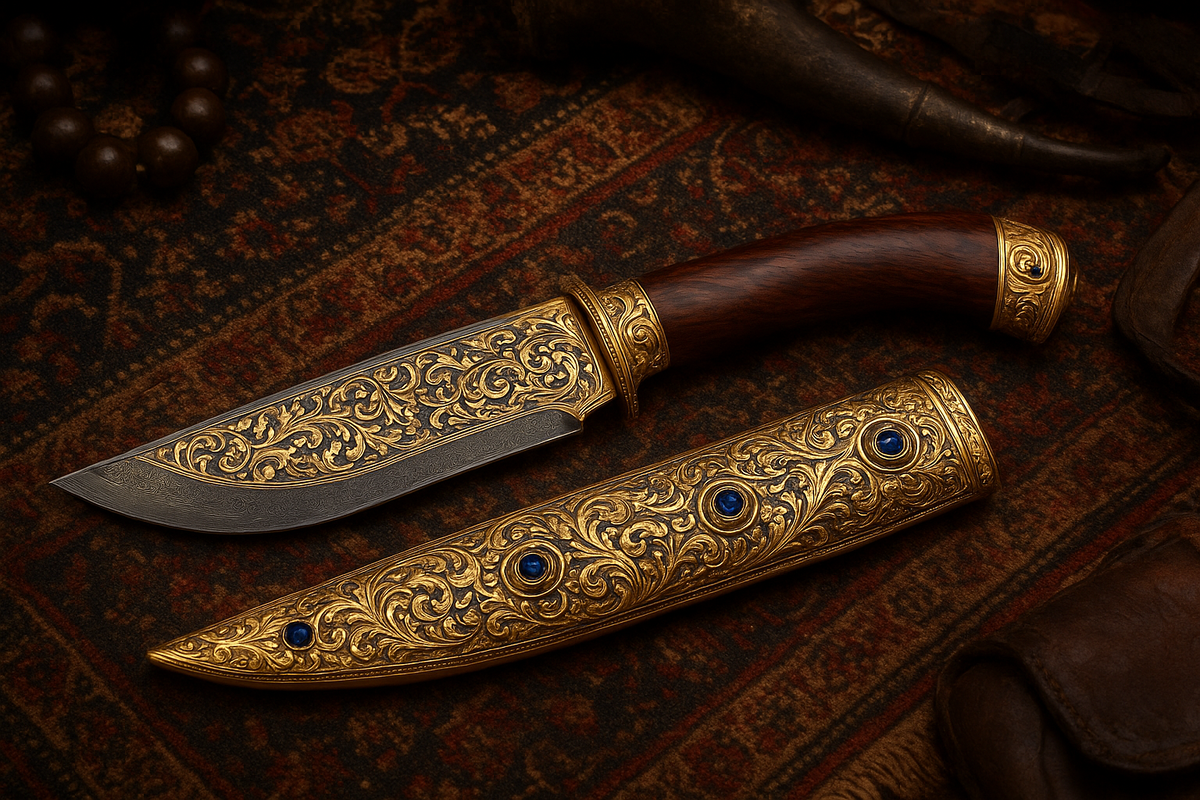 Фото: нож из дамасской стали с узорами из чистого золота и голубыми сапфирами