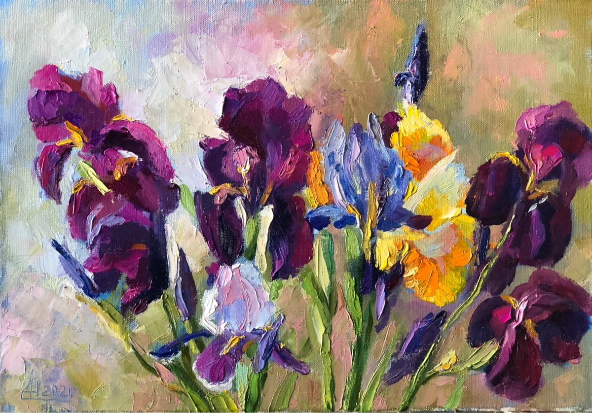 Яркие и солнечные ирисы на картине художницы
