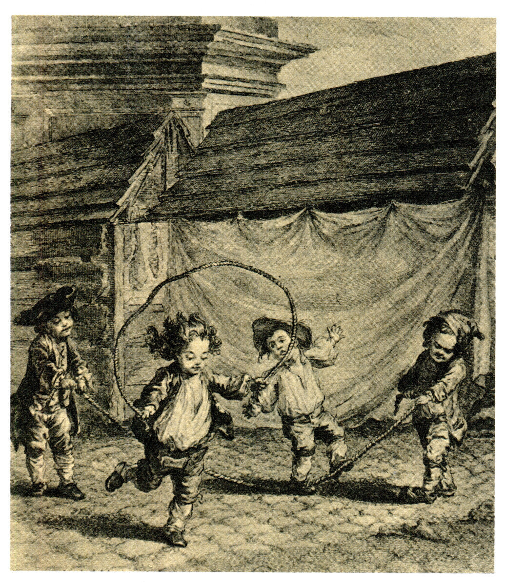 Прыгалки. В старину через веревку прыгали только мальчики, считалось, что девочкам скакать неприлично. Во второй половине XIX века девочки отобрали прыгалки у мальчиков, но их допускают в игру, когда прыгают через длинную веревку. Иллюстрация из библиотеки Сергея Макеева к "Дворовым играм из списка Франсуа Рабле.