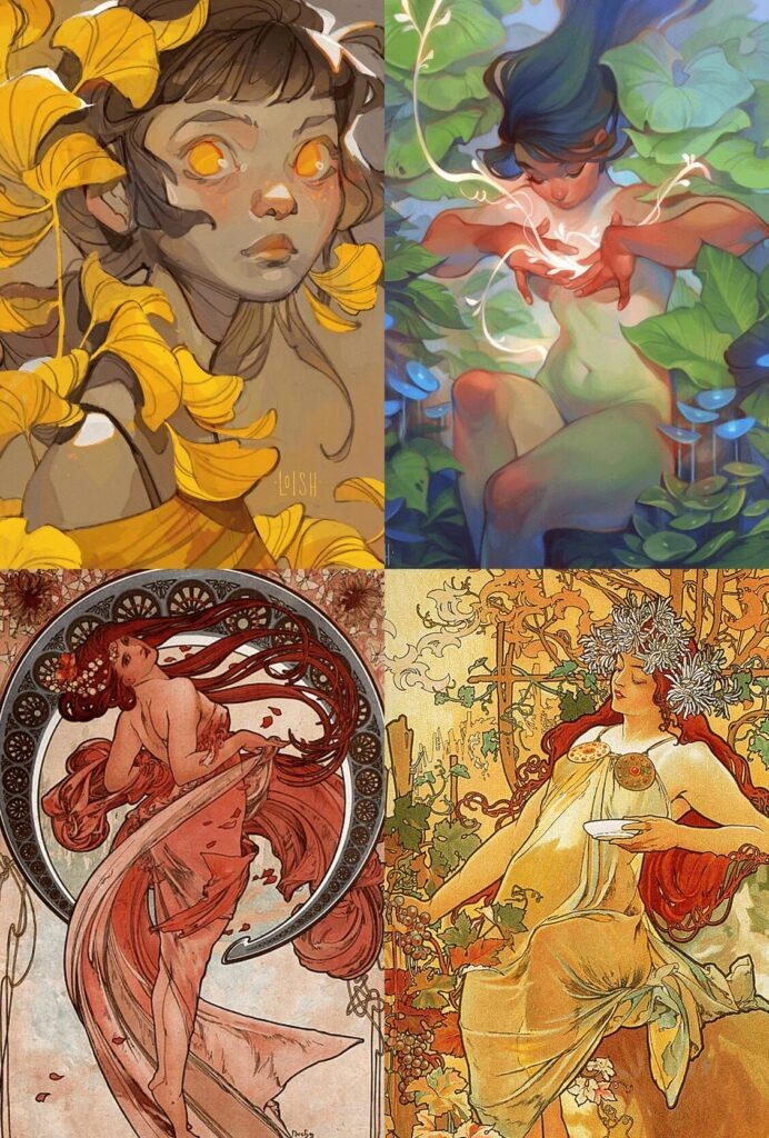 Коллаж из работ Loish и Alphonse Mucha