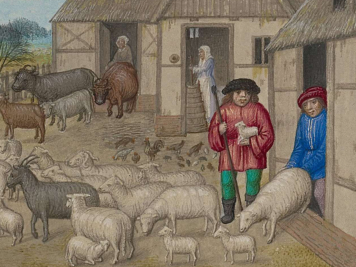 В безлесных районах в качестве топлива использовали не только торф, но и высушенный навоз — кизяк. Благо, этого добра всегда хватало. Фрагмент рисунка личного мастера Якова IV Шотландского, предположительно XV-XVI вв.